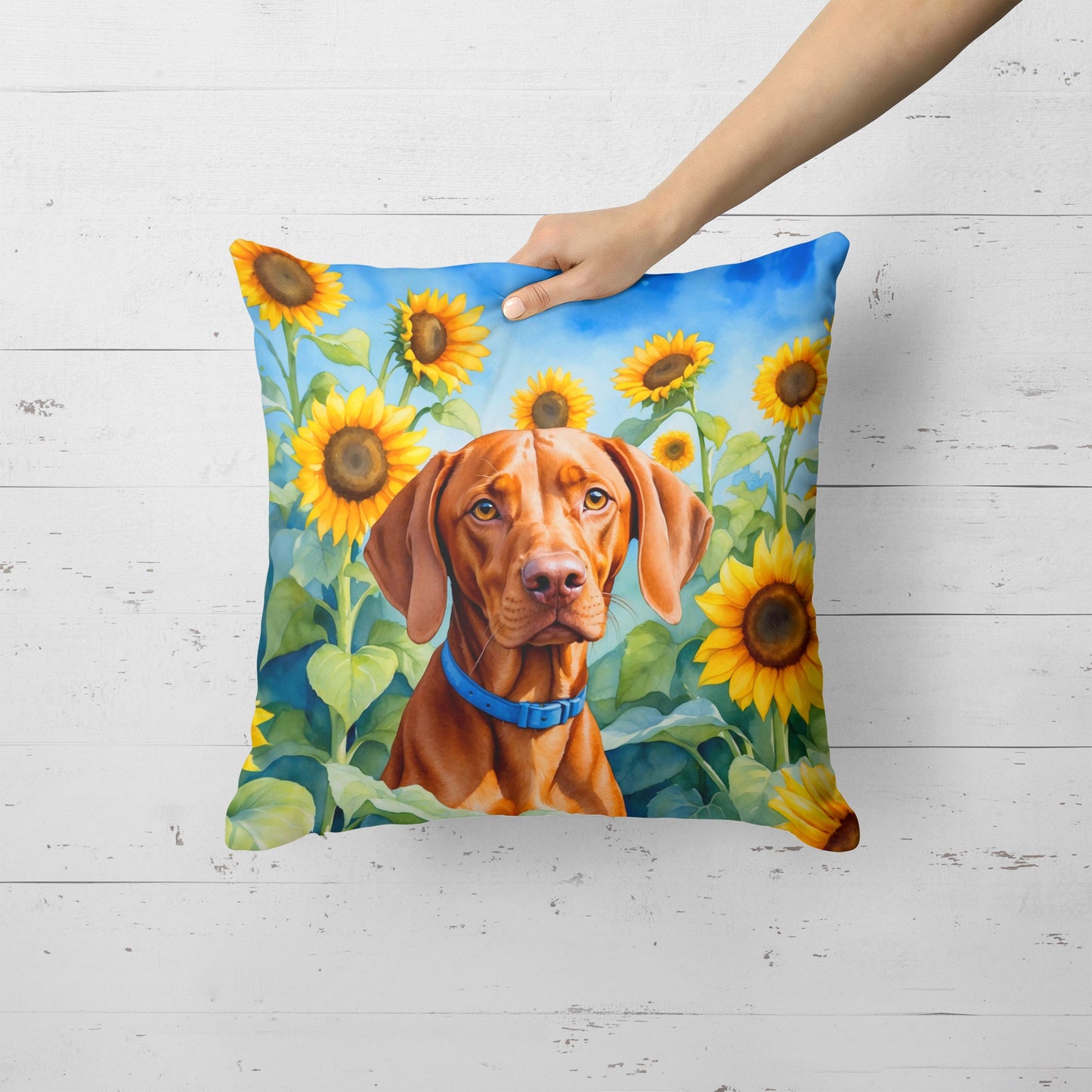 Vizsla in Sunflowers Throw Pillow-1