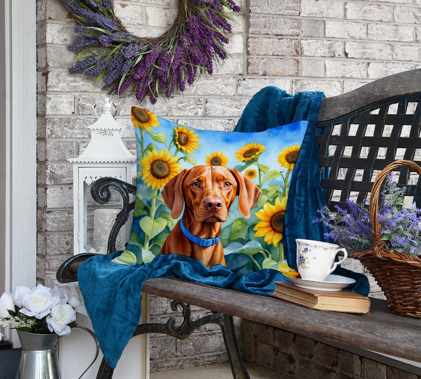 Vizsla in Sunflowers Throw Pillow-3