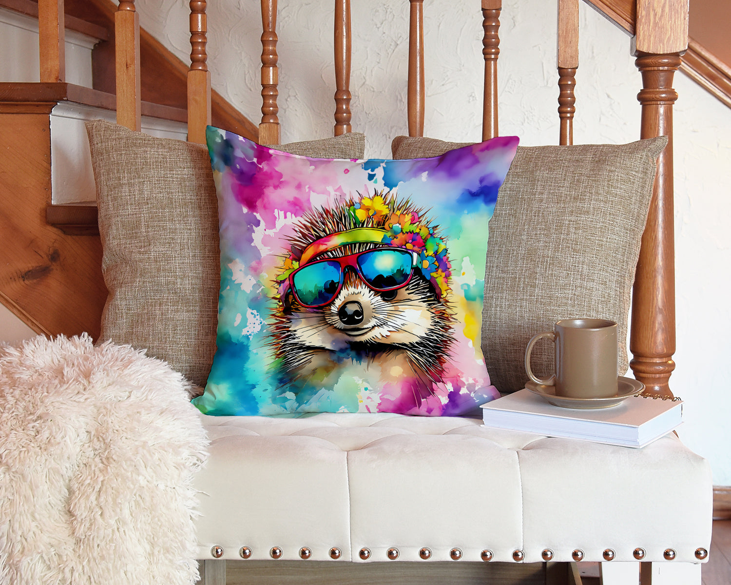 Hippie Animal Hedgehog Throw Pillow-2