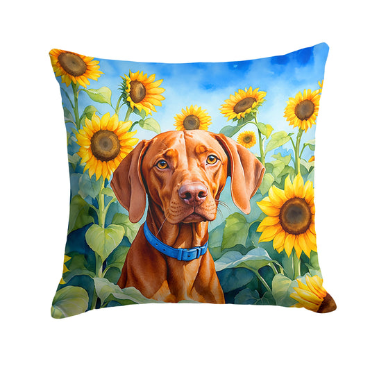 Vizsla in Sunflowers Throw Pillow-0